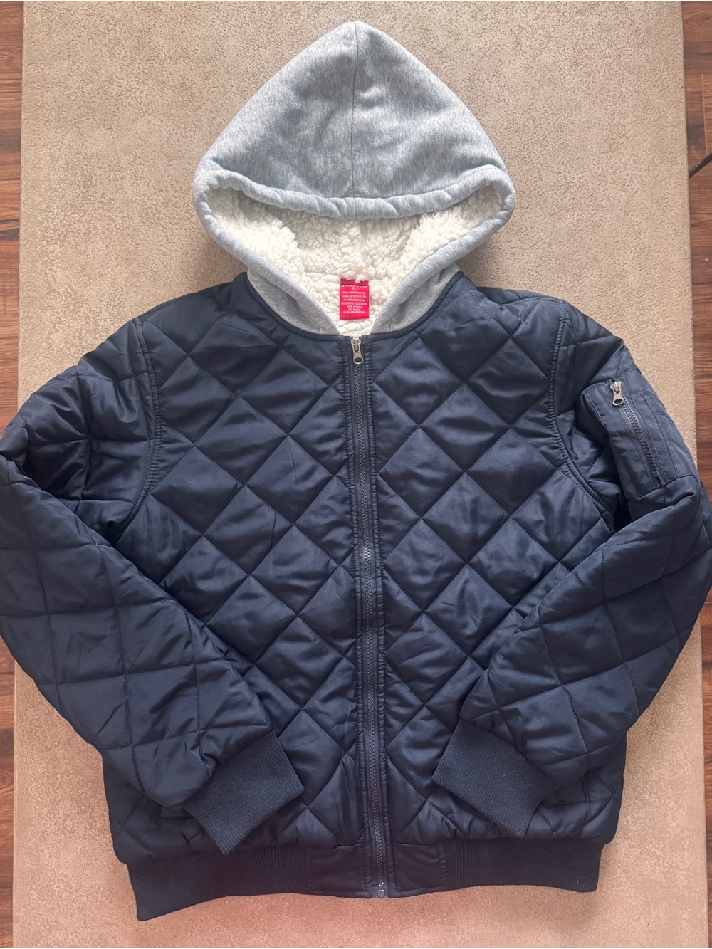Ring of Fire Rufus Quilted Bomber Jacket L Sherpa Hoodie Navy